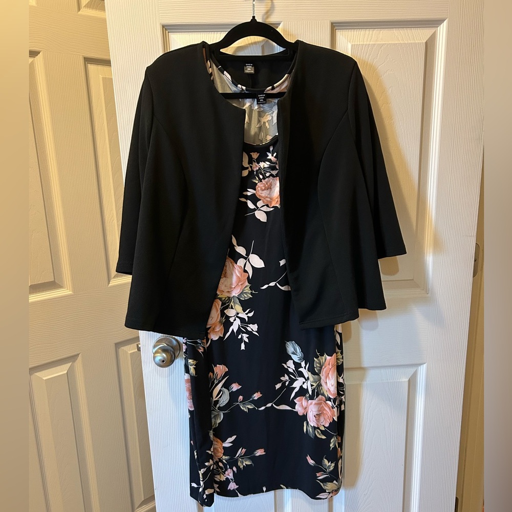 SHEIN Curve 3X Black & Peach Midi Sleeveless Dress with 3/4 Sleeve Black Jacket